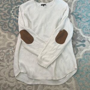 Chic White Knit Sweater with Brown Patches